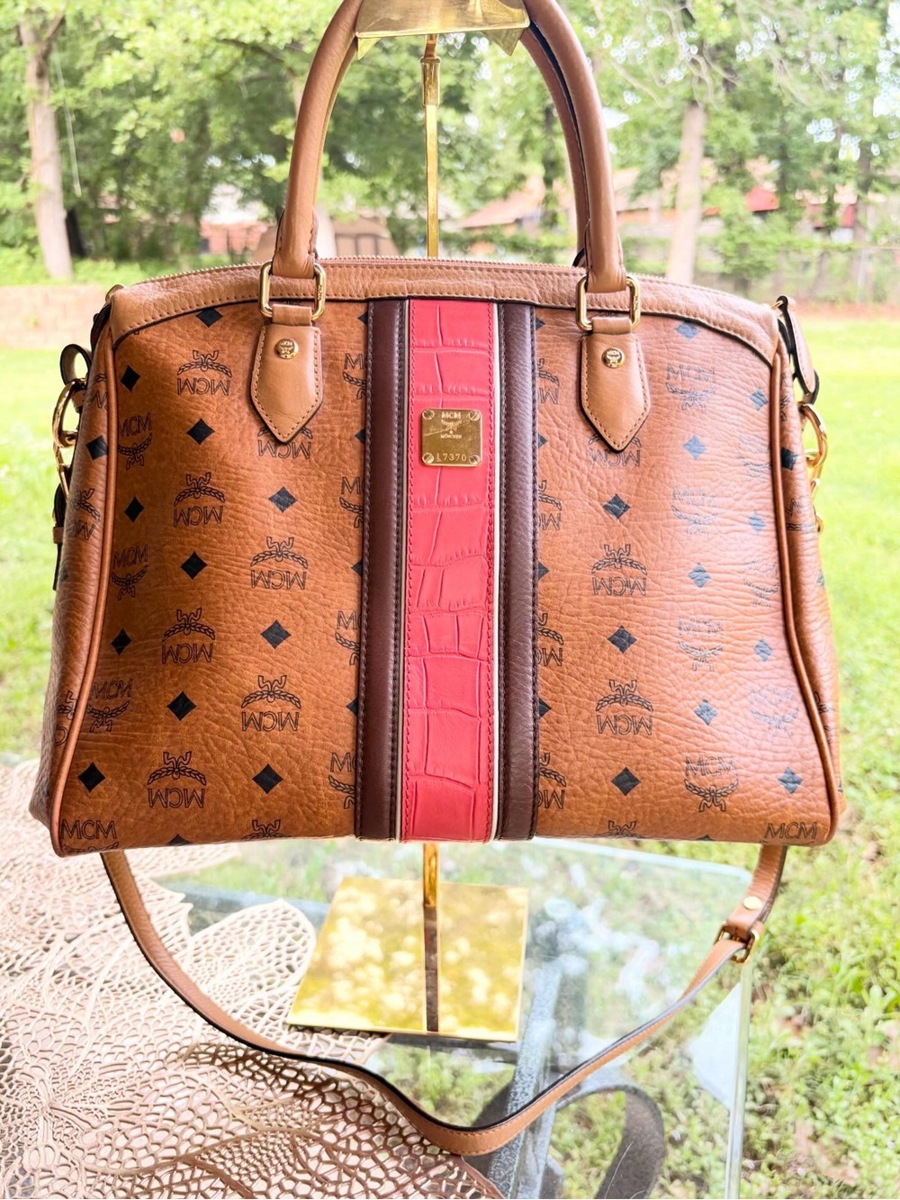 MCM Cognac Visetos Satchel with Pink & Purple Stripe